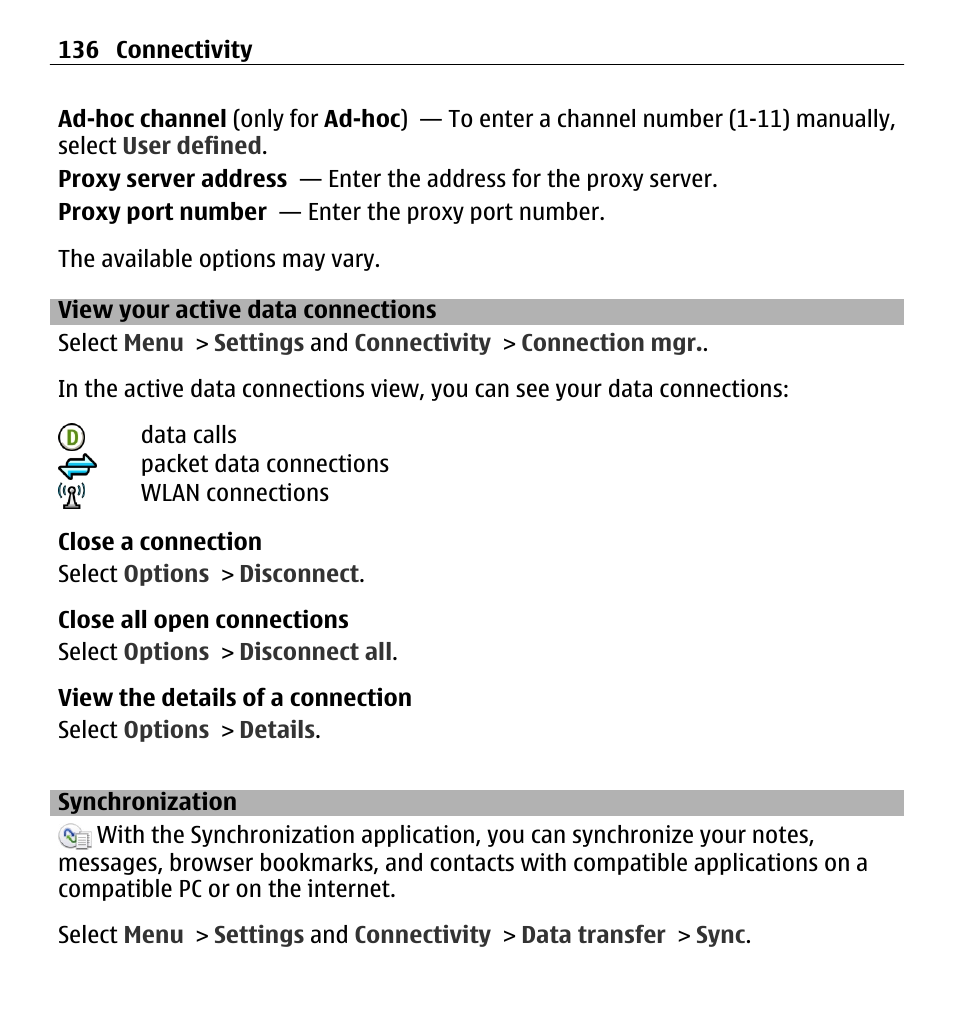 View your active data connections, Synchronization, View your active data | Connections | Nokia X6-00 16GB User Manual | Page 136 / 202