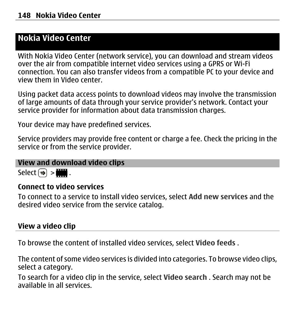 Nokia video center, View and download video clips | Nokia X6-00 16GB User Manual | Page 148 / 202