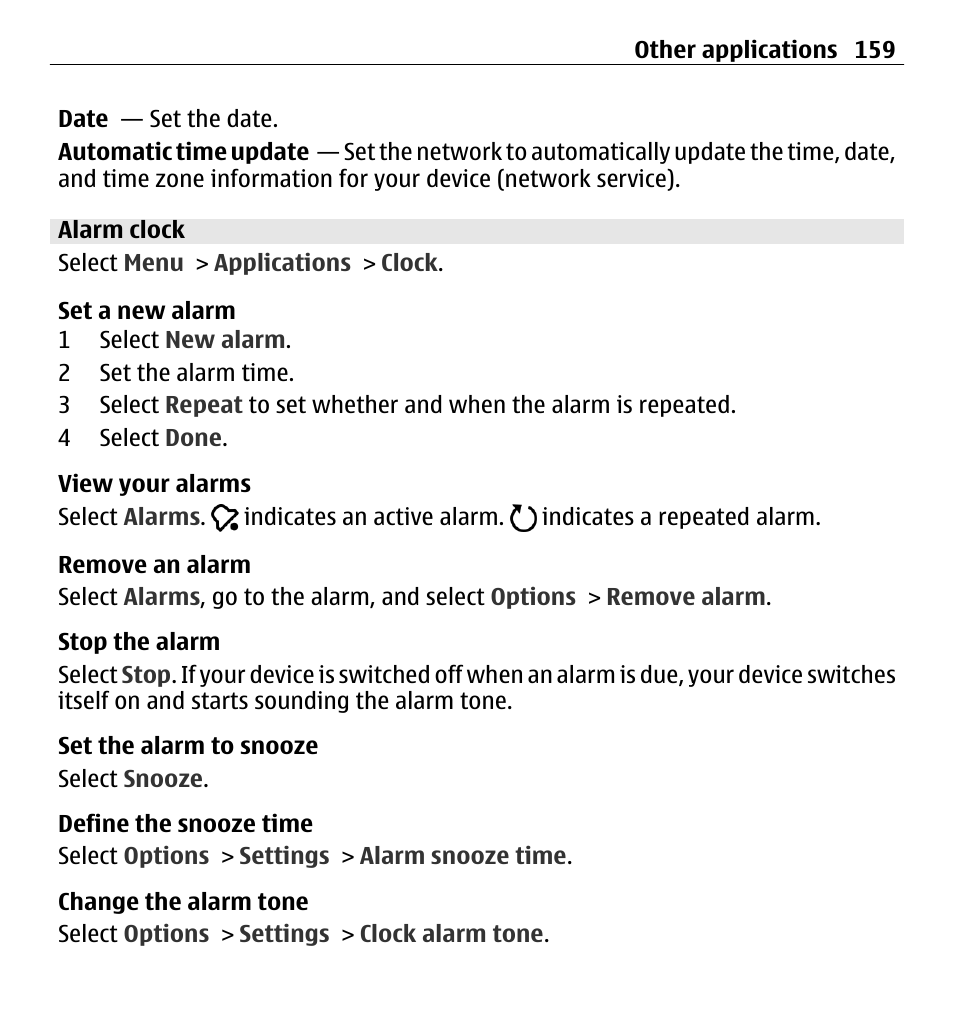 Alarm clock | Nokia X6-00 16GB User Manual | Page 159 / 202