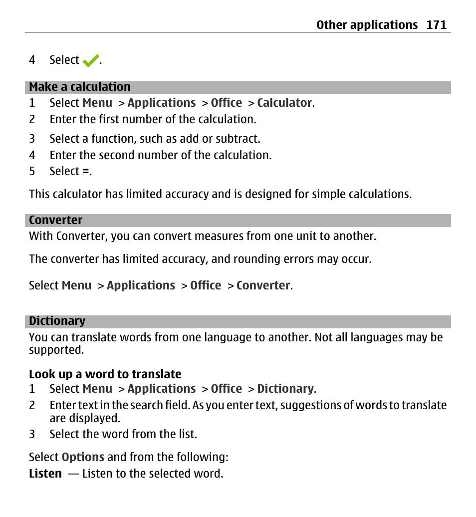 Make a calculation, Converter, Dictionary | Nokia X6-00 16GB User Manual | Page 171 / 202