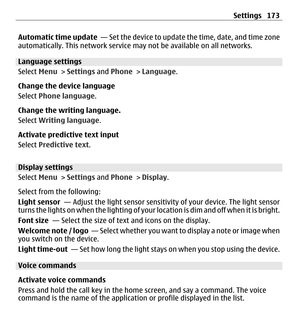 Language settings, Display settings, Voice commands | Nokia X6-00 16GB User Manual | Page 173 / 202