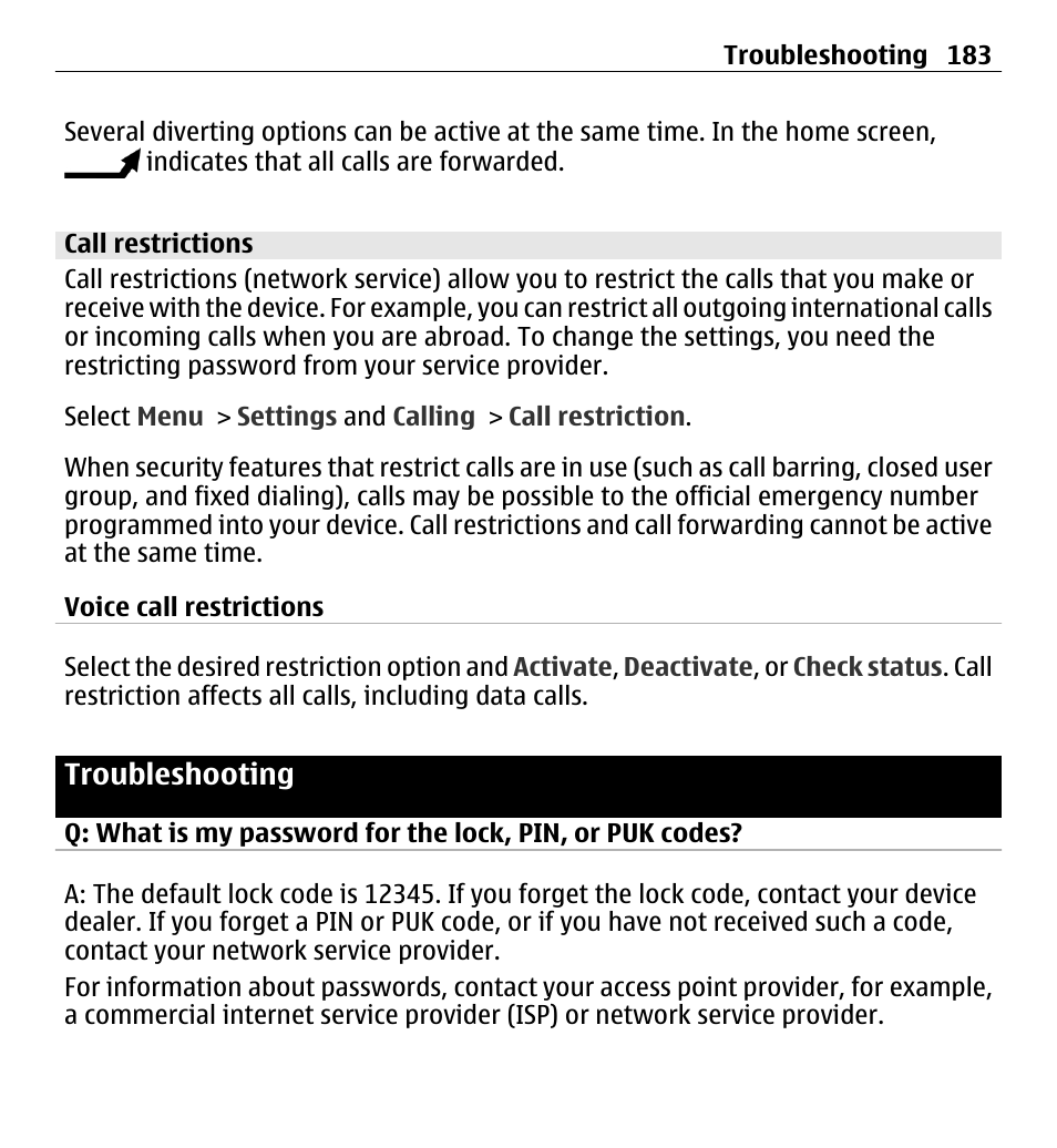 Call restrictions, Troubleshooting | Nokia X6-00 16GB User Manual | Page 183 / 202