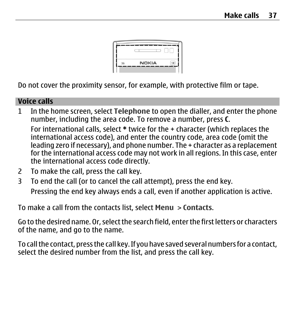 Voice calls | Nokia X6-00 16GB User Manual | Page 37 / 202