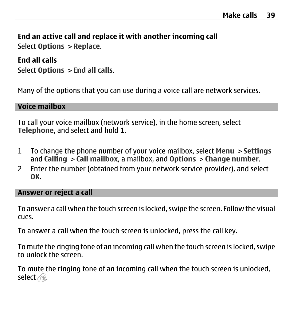 Voice mailbox, Answer or reject a call | Nokia X6-00 16GB User Manual | Page 39 / 202