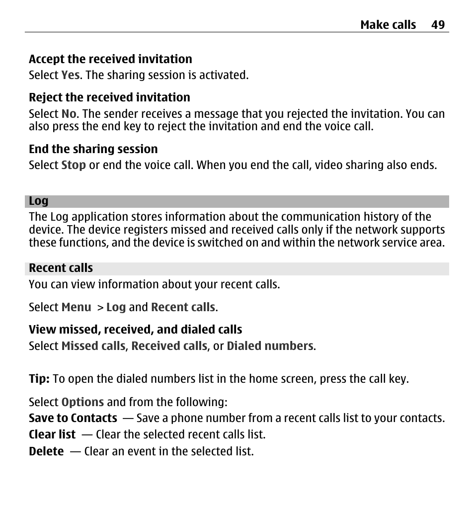 Recent calls | Nokia X6-00 16GB User Manual | Page 49 / 202