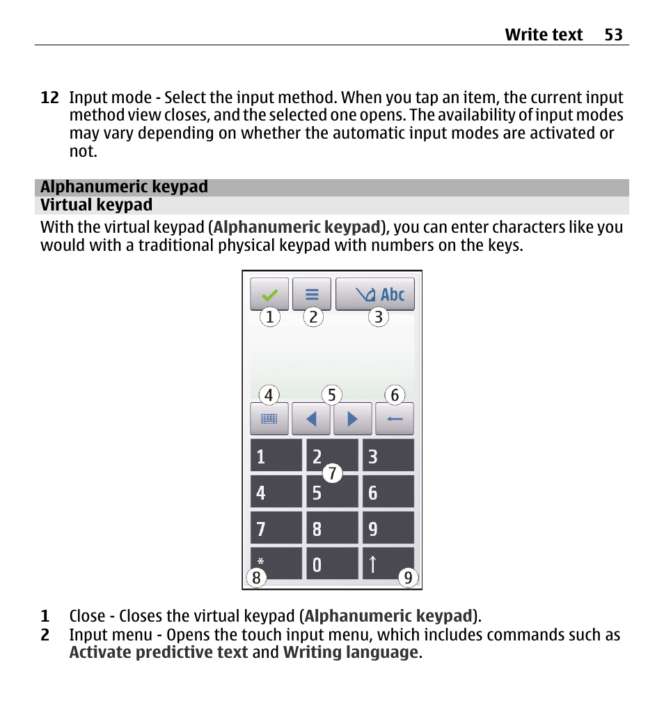 Alphanumeric keypad, Virtual keypad | Nokia X6-00 16GB User Manual | Page 53 / 202