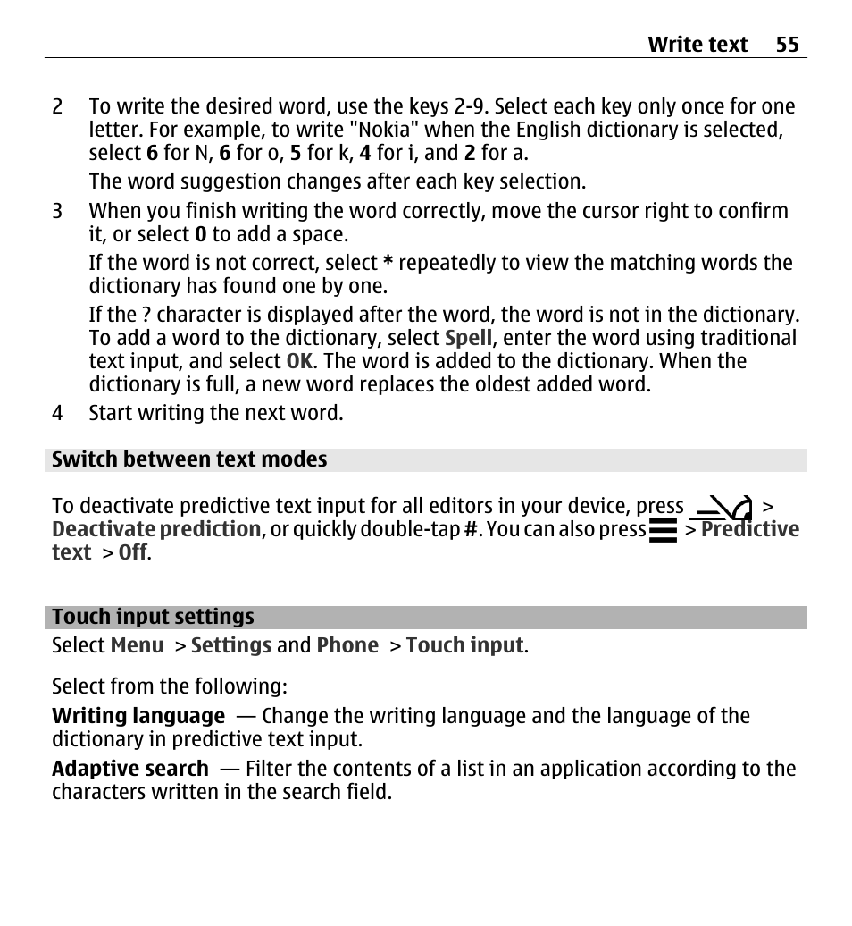 Switch between text modes, Touch input settings | Nokia X6-00 16GB User Manual | Page 55 / 202