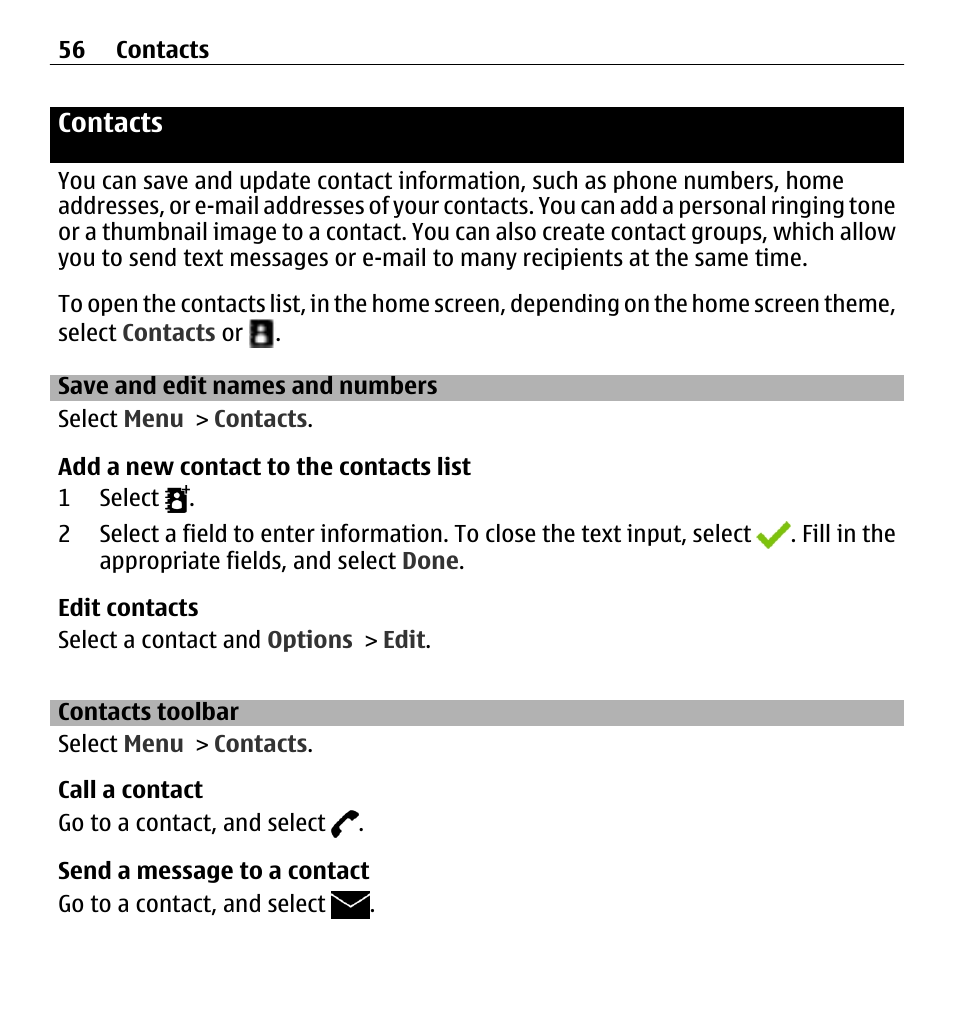 Contacts, Save and edit names and numbers, Contacts toolbar | Save and edit names and, Numbers | Nokia X6-00 16GB User Manual | Page 56 / 202