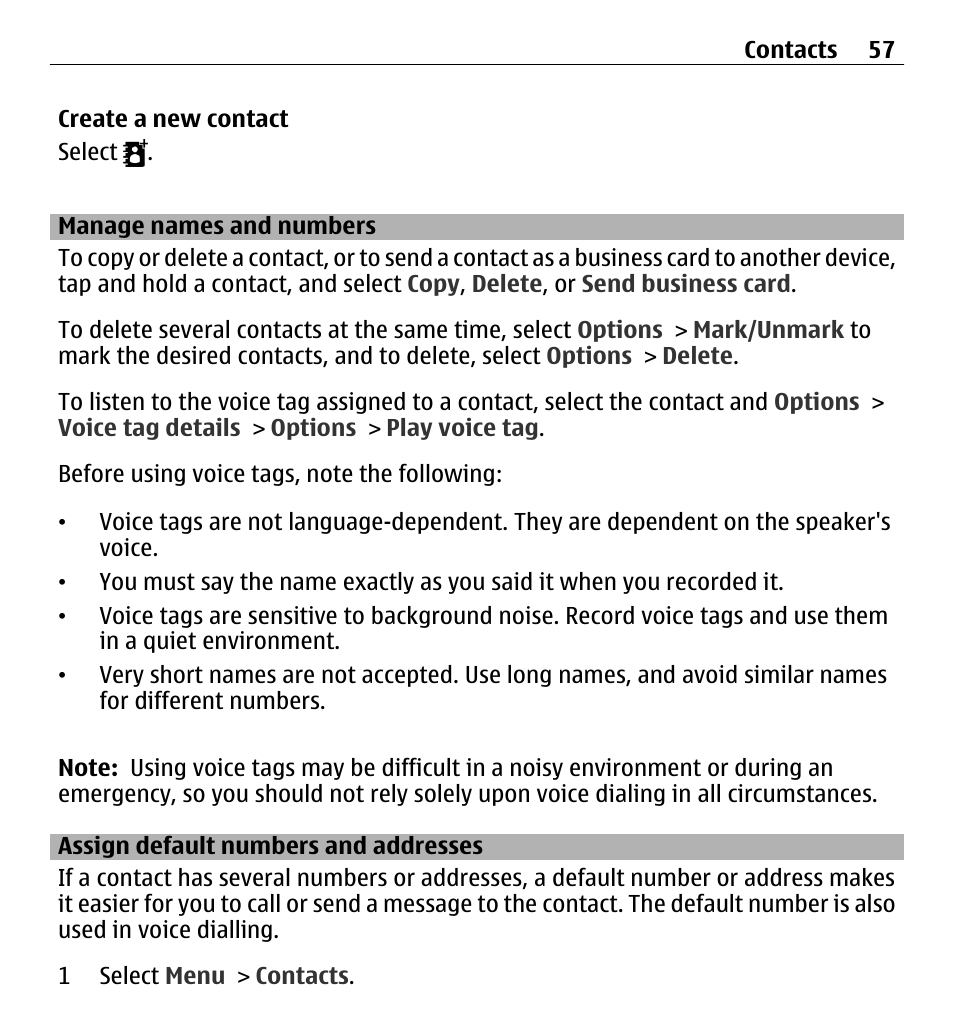 Manage names and numbers, Assign default numbers and addresses, Assign default numbers and | Addresses | Nokia X6-00 16GB User Manual | Page 57 / 202