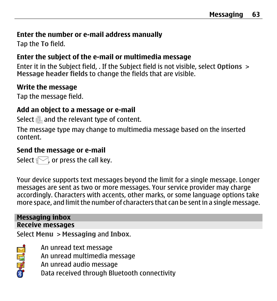 Messaging inbox, Receive messages | Nokia X6-00 16GB User Manual | Page 63 / 202