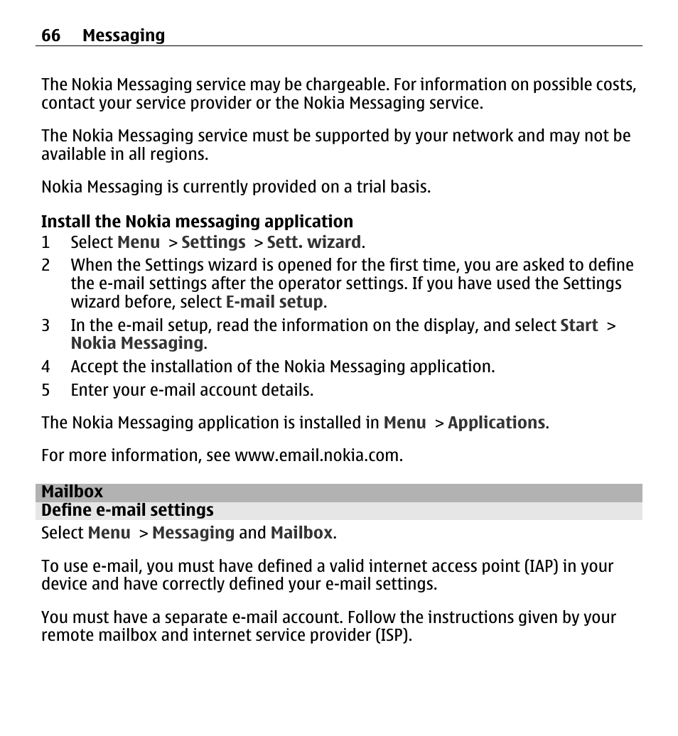 Mailbox, Define e-mail settings | Nokia X6-00 16GB User Manual | Page 66 / 202