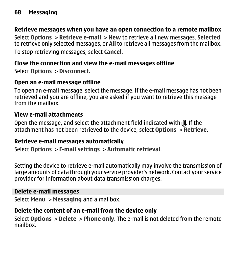 Delete e-mail messages | Nokia X6-00 16GB User Manual | Page 68 / 202