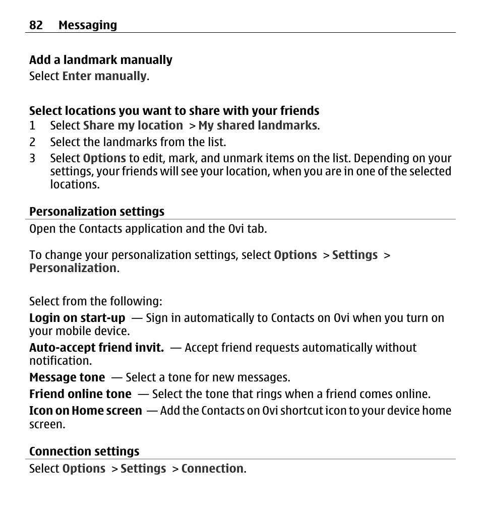 Personalization settings, Connection settings | Nokia X6-00 16GB User Manual | Page 82 / 202