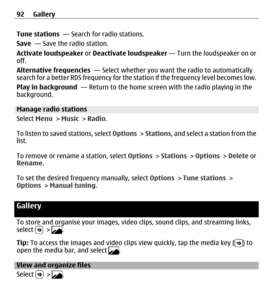 Manage radio stations, Gallery, View and organize files | Nokia X6-00 16GB User Manual | Page 92 / 202