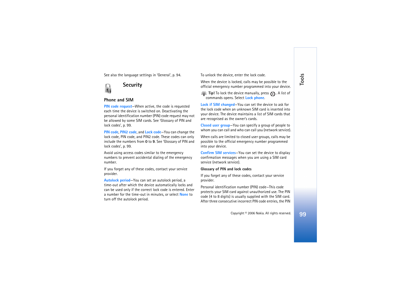 Security, Tools | Nokia N72 User Manual | Page 100 / 121