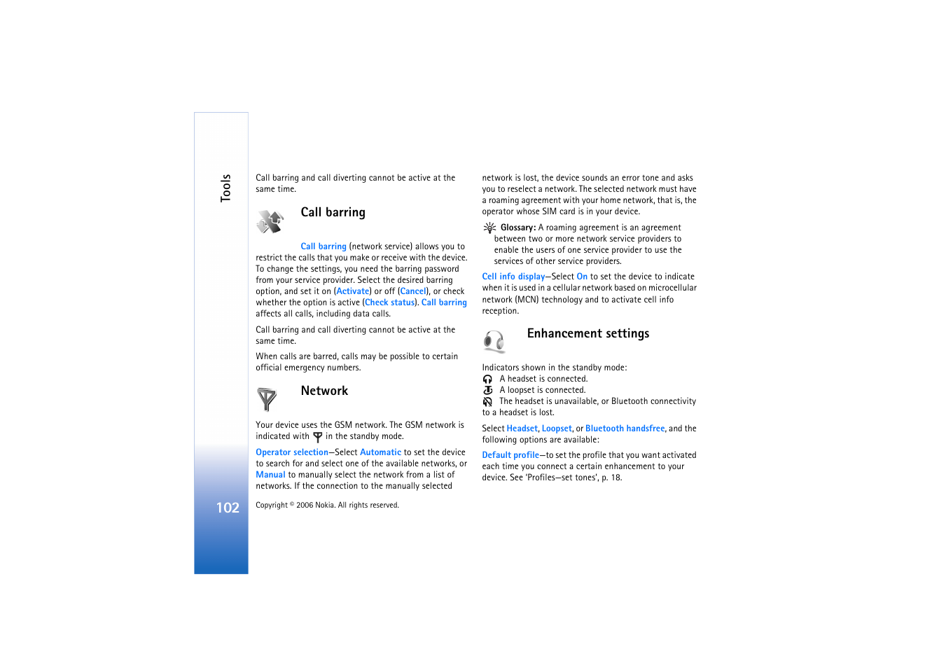 Call barring, Network, Enhancement settings | Call barring network enhancement settings, Tools | Nokia N72 User Manual | Page 103 / 121