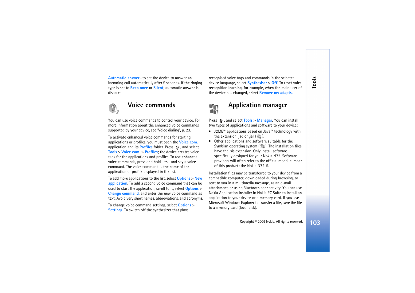 Voice commands, Application manager, Voice commands application manager | Tools | Nokia N72 User Manual | Page 104 / 121