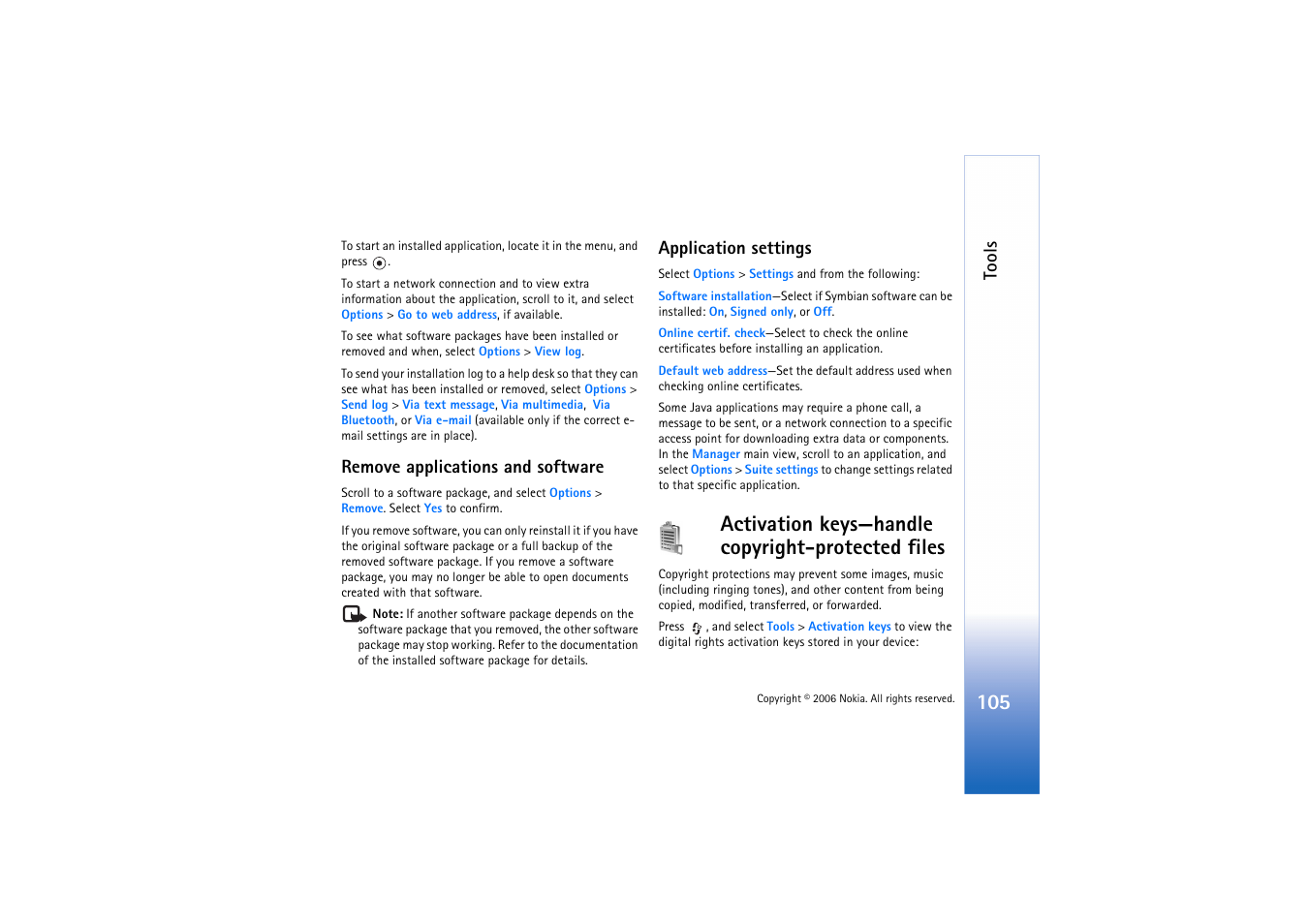 Remove applications and software, Application settings, Activation keys | Activation keys—handle copyright-protected files, Tools | Nokia N72 User Manual | Page 106 / 121