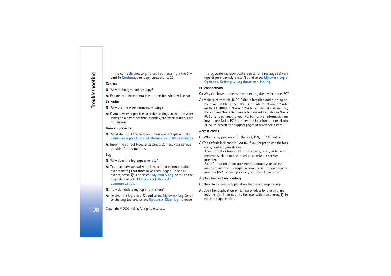 Troubleshooting | Nokia N72 User Manual | Page 109 / 121