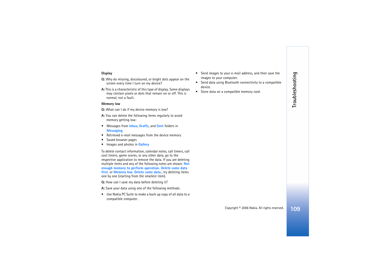 Troubleshooting | Nokia N72 User Manual | Page 110 / 121