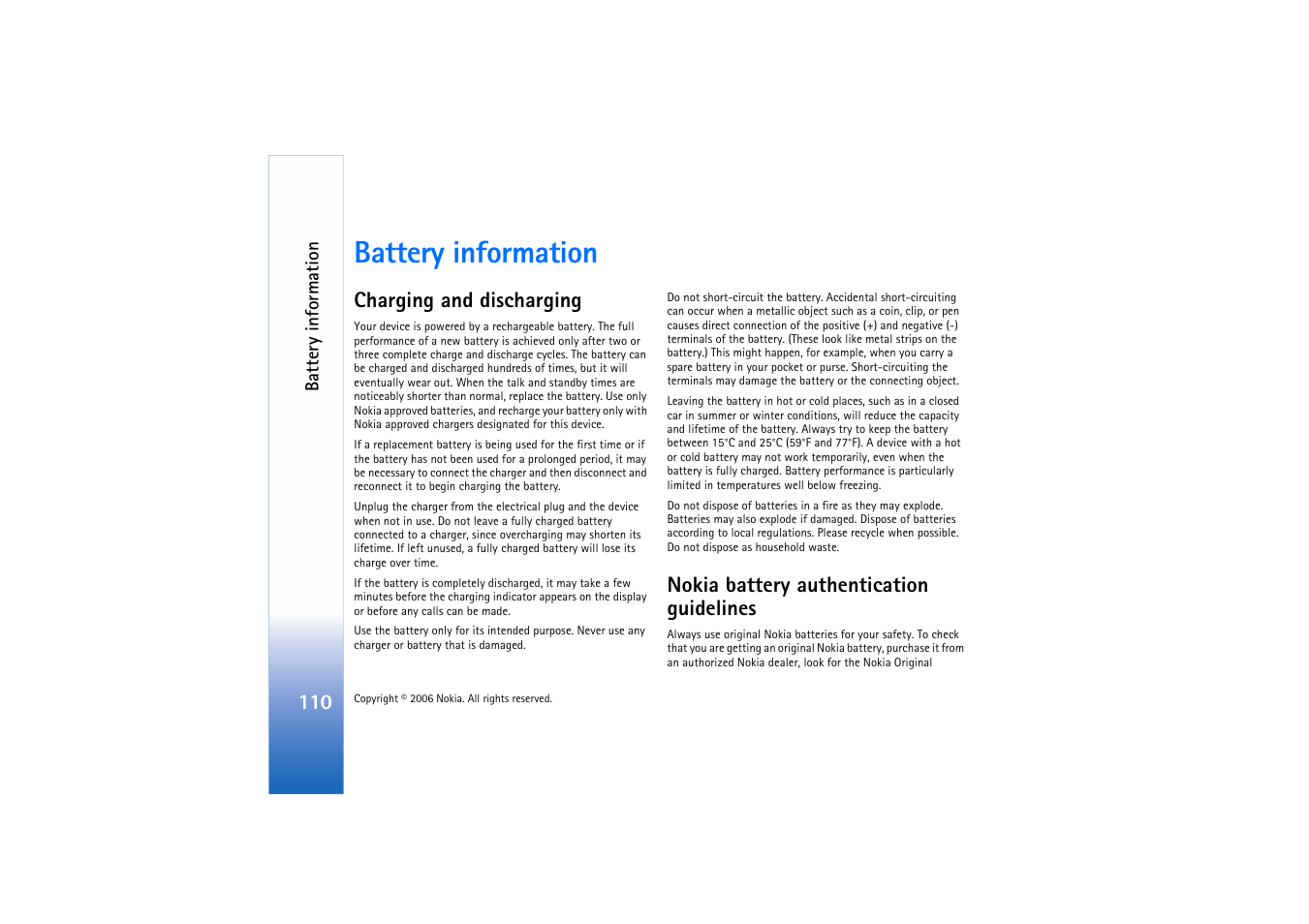 Battery information, Charging and discharging, Nokia battery authentication guidelines | Nokia N72 User Manual | Page 111 / 121