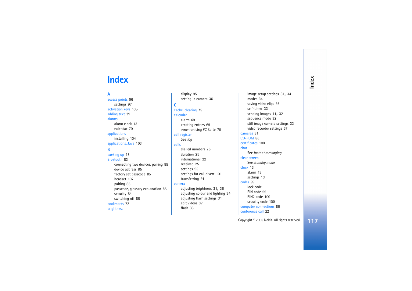 Index | Nokia N72 User Manual | Page 118 / 121