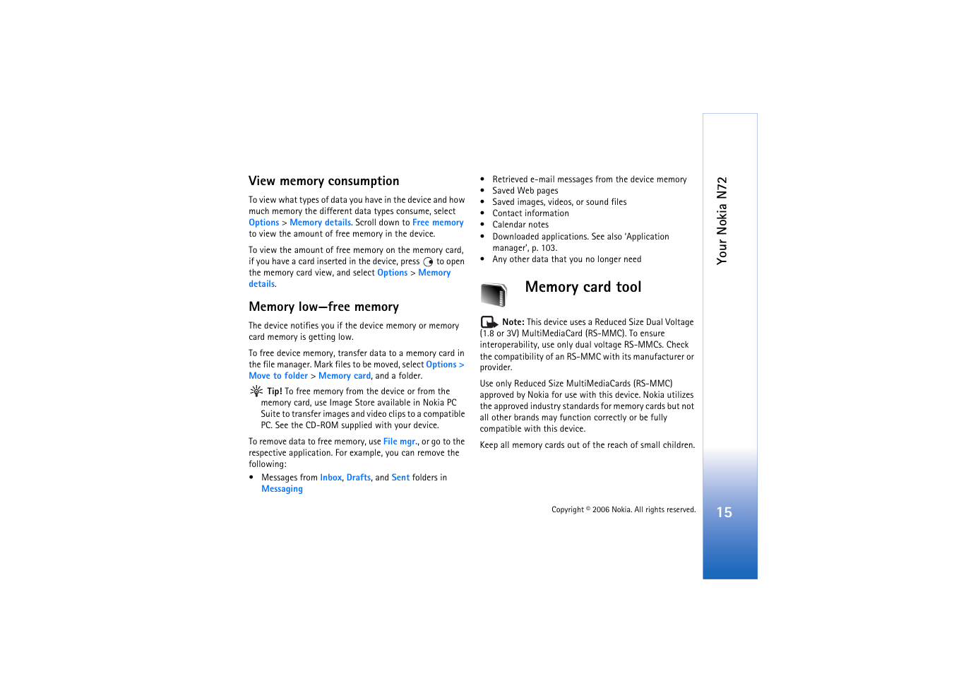 View memory consumption, Memory low—free memory, Memory card tool | View memory consumption memory low—free memory, Your nokia n72 | Nokia N72 User Manual | Page 16 / 121