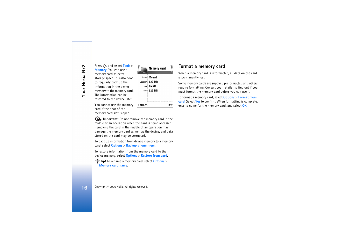 Format a memory card, Your nokia n72 | Nokia N72 User Manual | Page 17 / 121