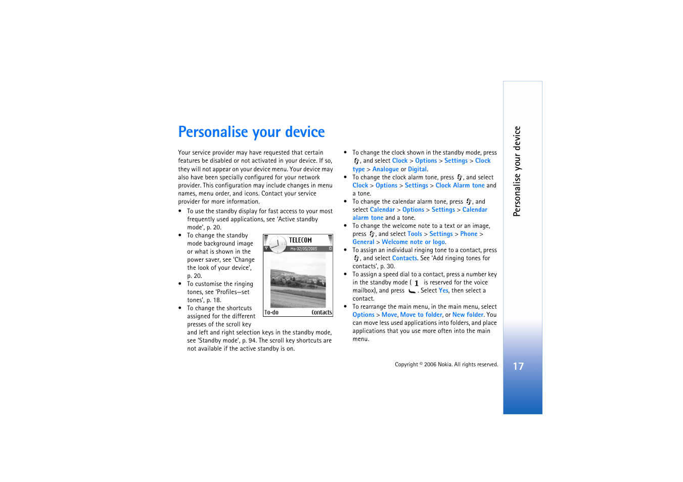 Personalise your device | Nokia N72 User Manual | Page 18 / 121