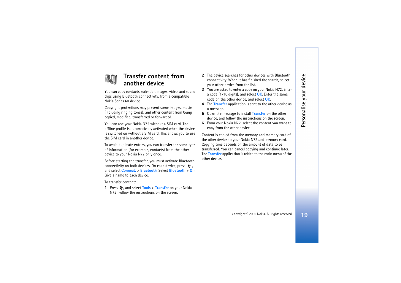 Transfer content from another device, Personalise your device | Nokia N72 User Manual | Page 20 / 121