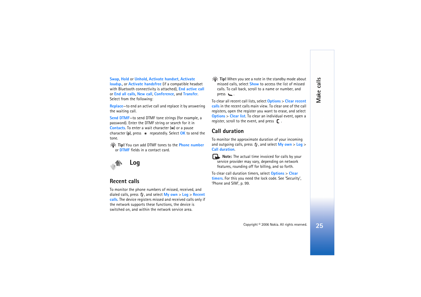 Recent calls, Call duration, Recent calls call duration | Make calls | Nokia N72 User Manual | Page 26 / 121