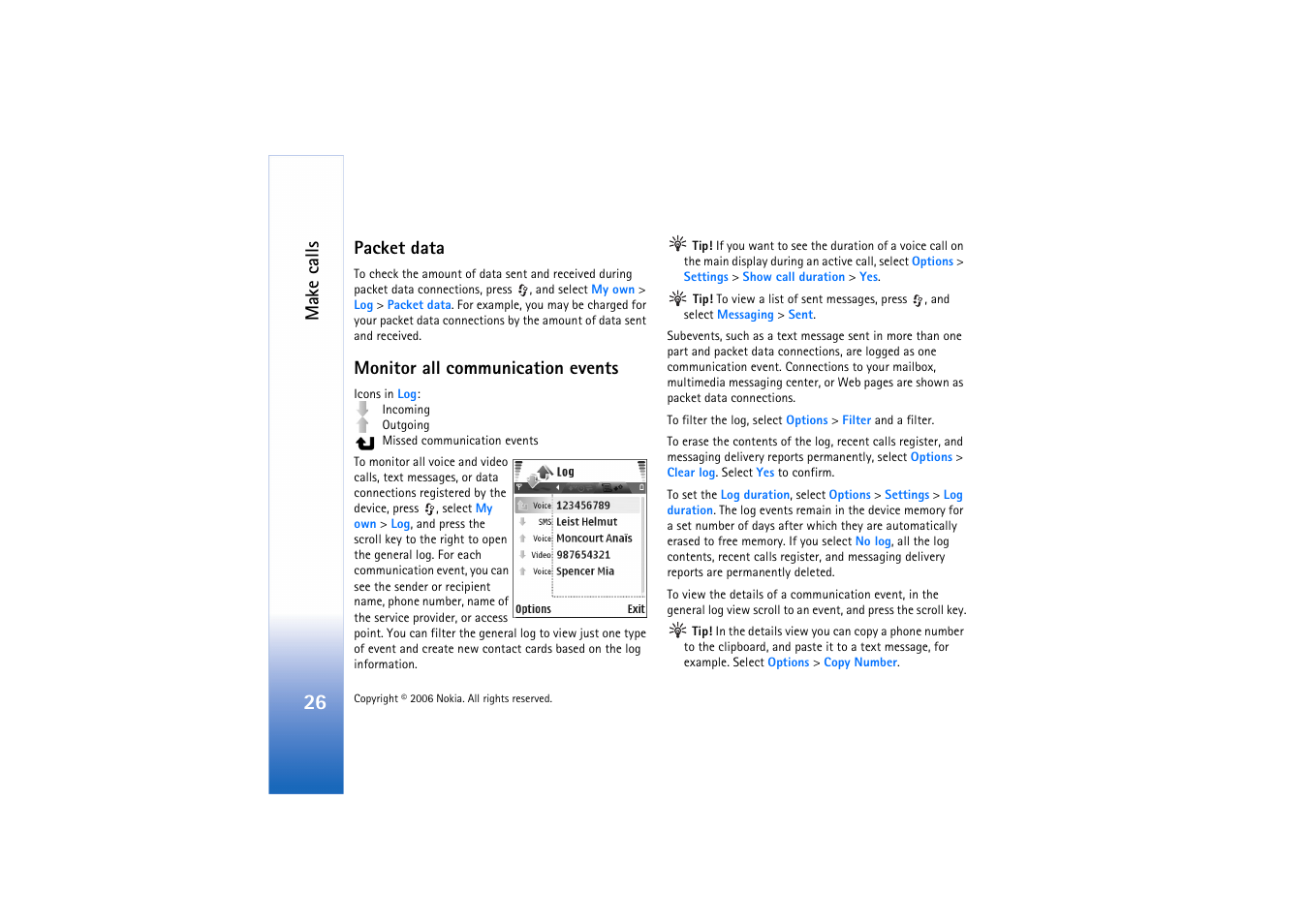 Packet data, Monitor all communication events, Packet data monitor all communication events | Make calls | Nokia N72 User Manual | Page 27 / 121