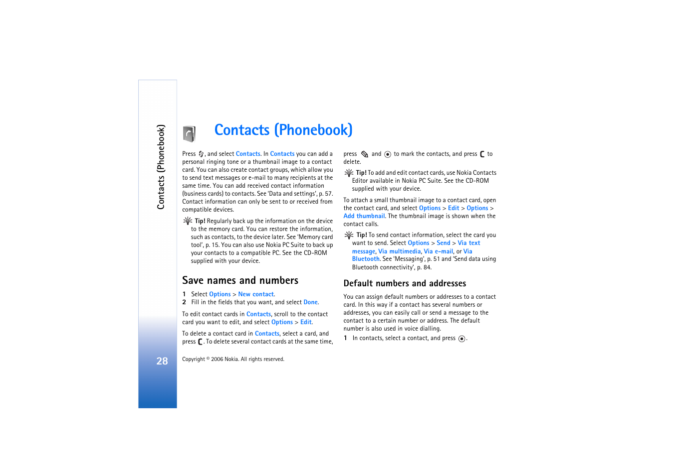 Contacts (phonebook), Save names and numbers, Default numbers and addresses | Nokia N72 User Manual | Page 29 / 121