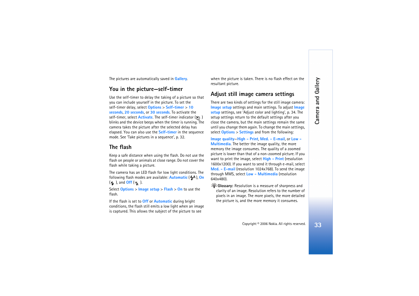 You in the picture, The flash, Adjust still image camera settings | Adjust still image camera settings’, p. 33, Ee ‘you in the picture—self- timer’, p. 33, See ‘you in the picture—self-timer’, p. 33. i, Camera and gallery, You in the picture—self-timer | Nokia N72 User Manual | Page 34 / 121