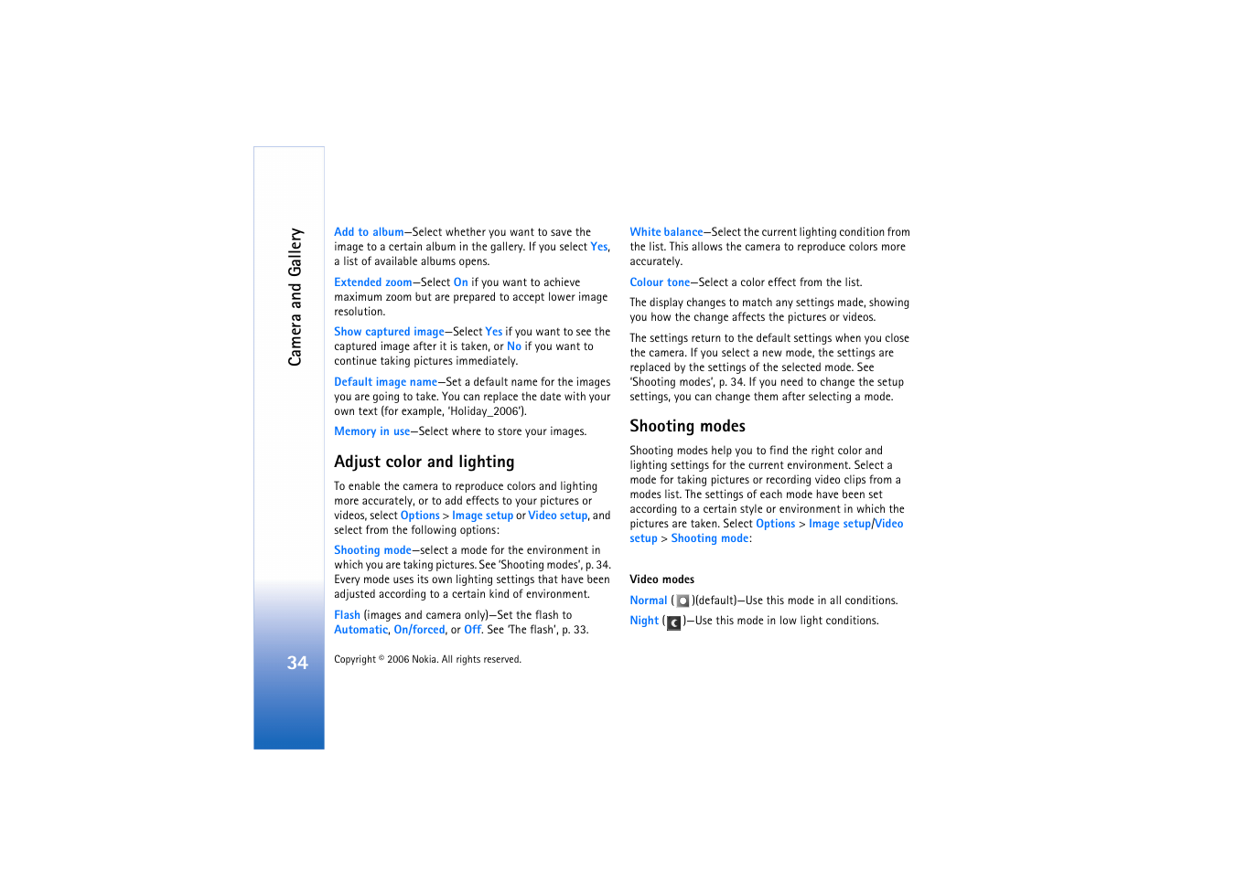 Adjust color and lighting, Shooting modes, Adjust color and lighting shooting modes | See ‘adjust color, And lighting’, p. 34 and ‘shooting modes’, p. 34, Shooting modes’, p. 34, T. see ‘shooting modes’, p. 34, Camera and gallery | Nokia N72 User Manual | Page 35 / 121