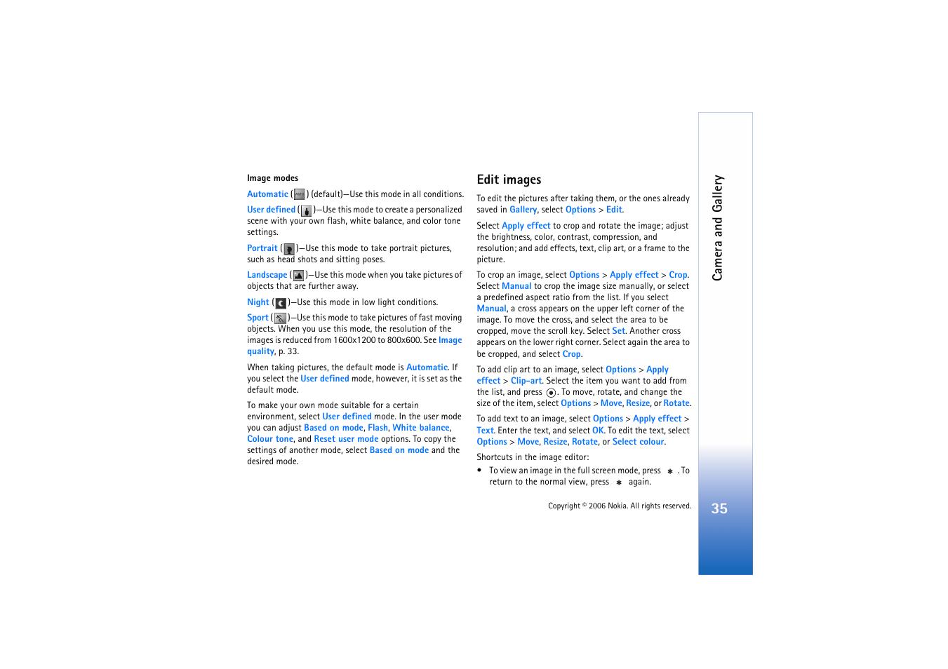 Edit images, Edit, Images’, p. 35 | Camera and gallery | Nokia N72 User Manual | Page 36 / 121