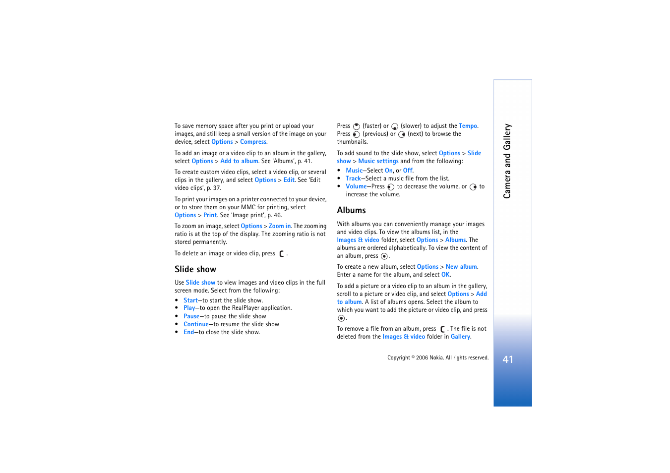 Slide show, Albums, Slide show albums | Camera and gallery | Nokia N72 User Manual | Page 42 / 121