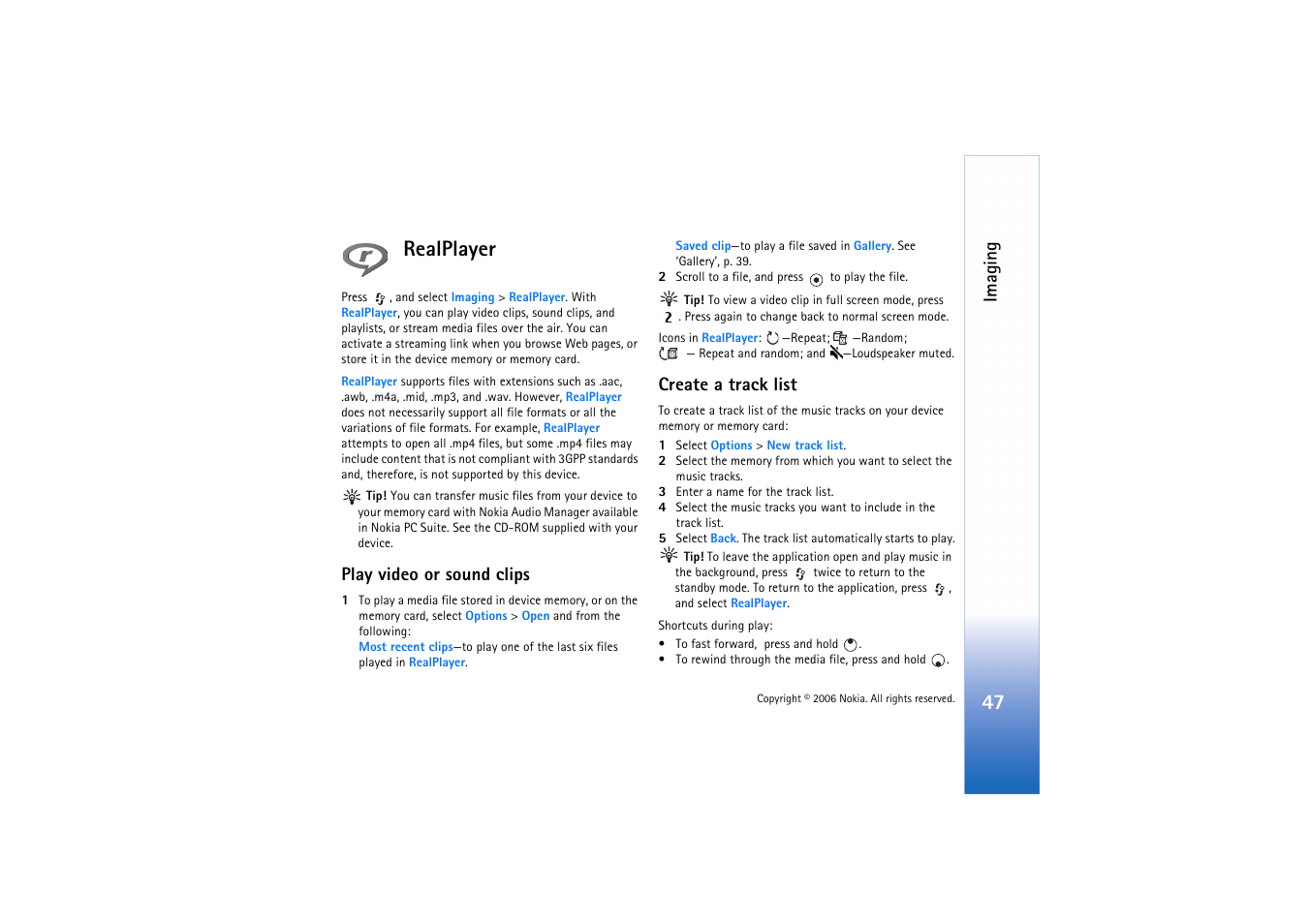 Realplayer, Play video or sound clips, Create a track list | Play video or sound clips create a track list, Imaging | Nokia N72 User Manual | Page 48 / 121