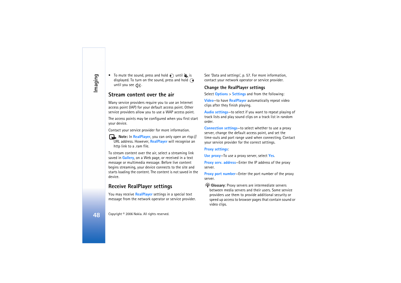 Stream content over the air, Receive realplayer settings, Imaging | Nokia N72 User Manual | Page 49 / 121