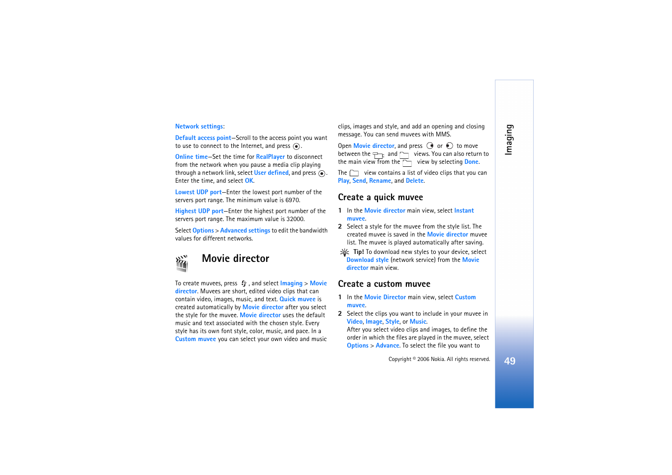 Movie, Create a quick muvee, Create a custom muvee | Movie director, Create a quick muvee create a custom muvee, Imaging | Nokia N72 User Manual | Page 50 / 121