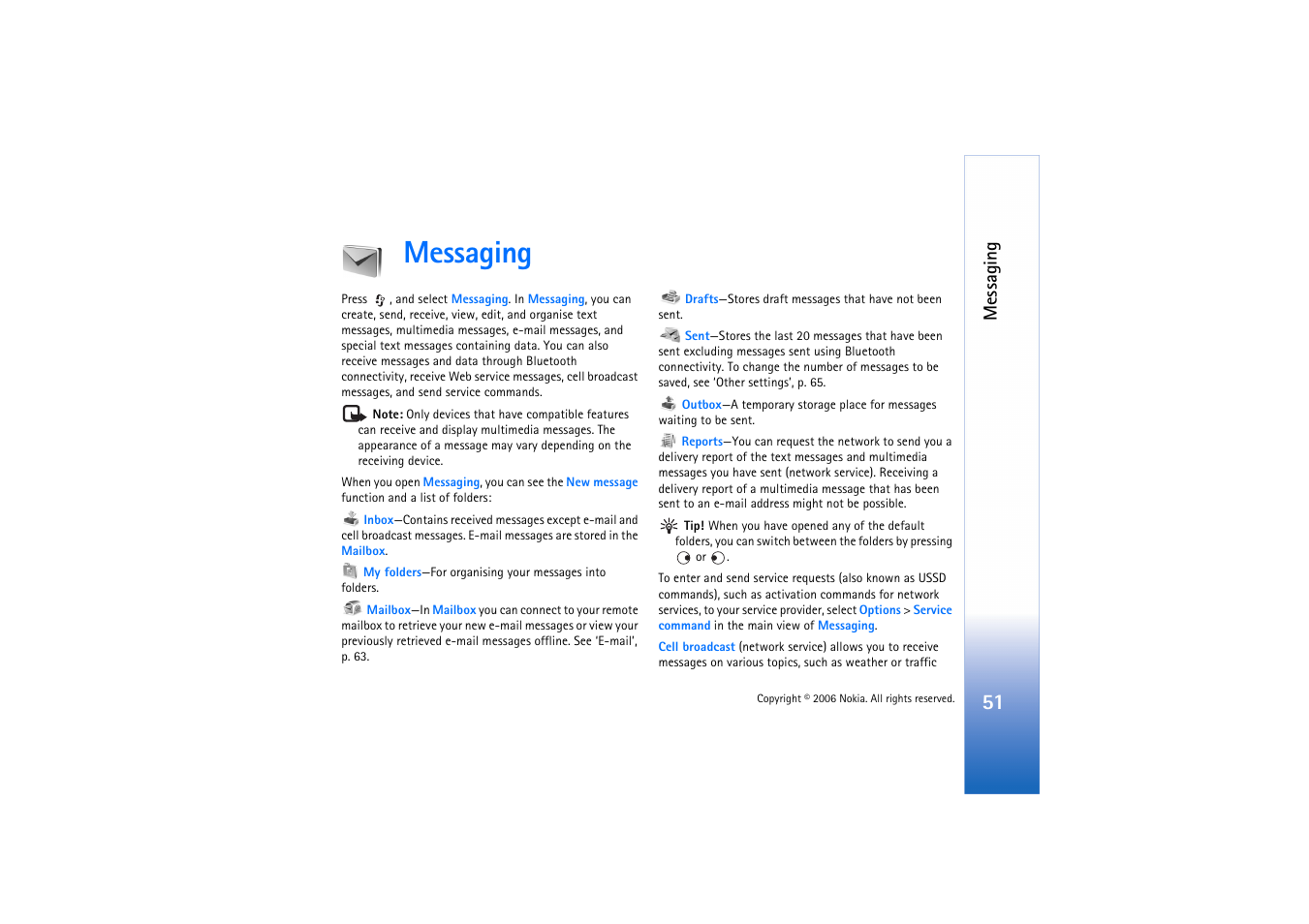 Messaging, Messaging’, p. 51 a, See ‘messaging’, p. 51 | Nokia N72 User Manual | Page 52 / 121