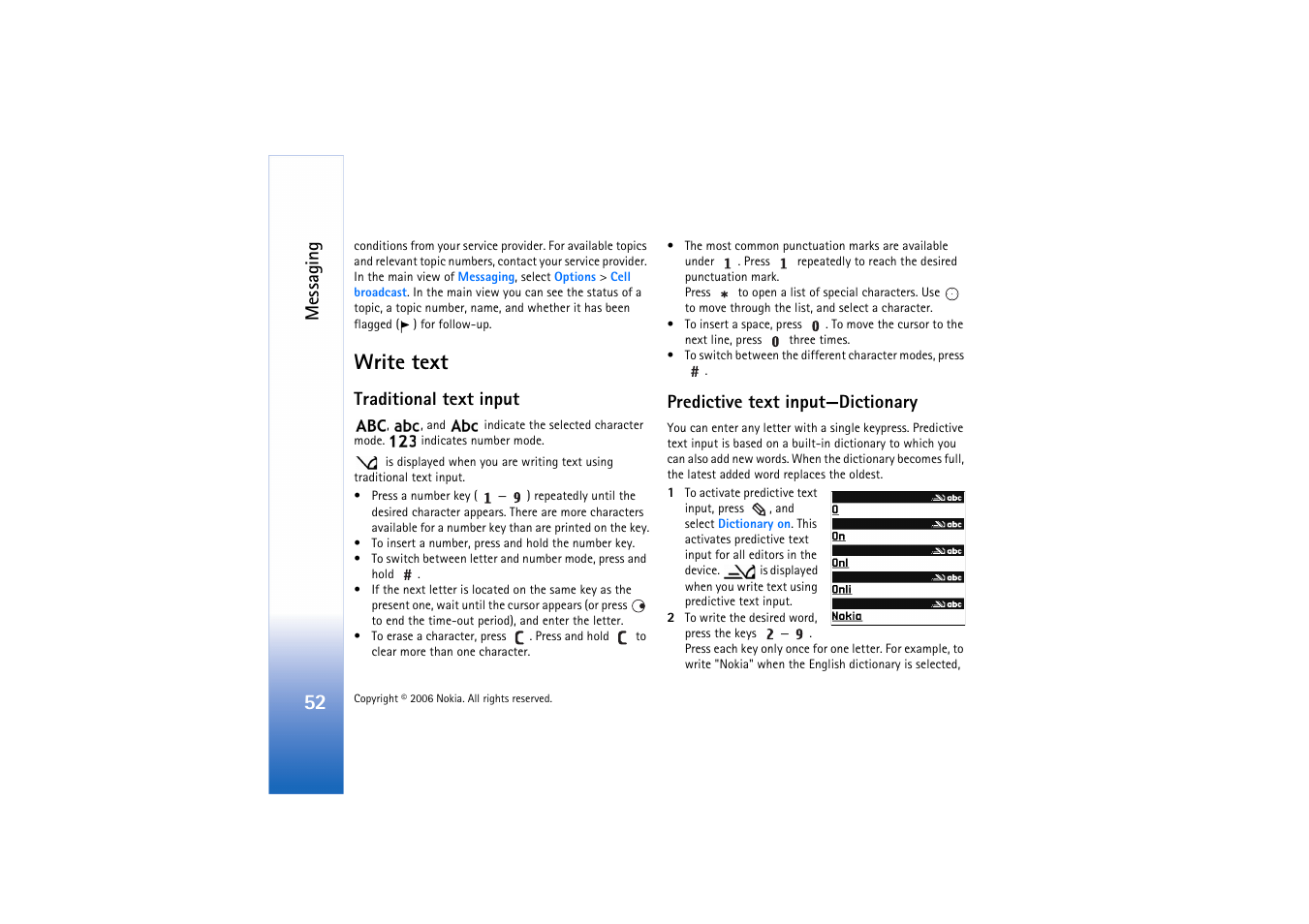 Write text, Traditional text input, Predictive text input | Messaging, Predictive text input—dictionary | Nokia N72 User Manual | Page 53 / 121