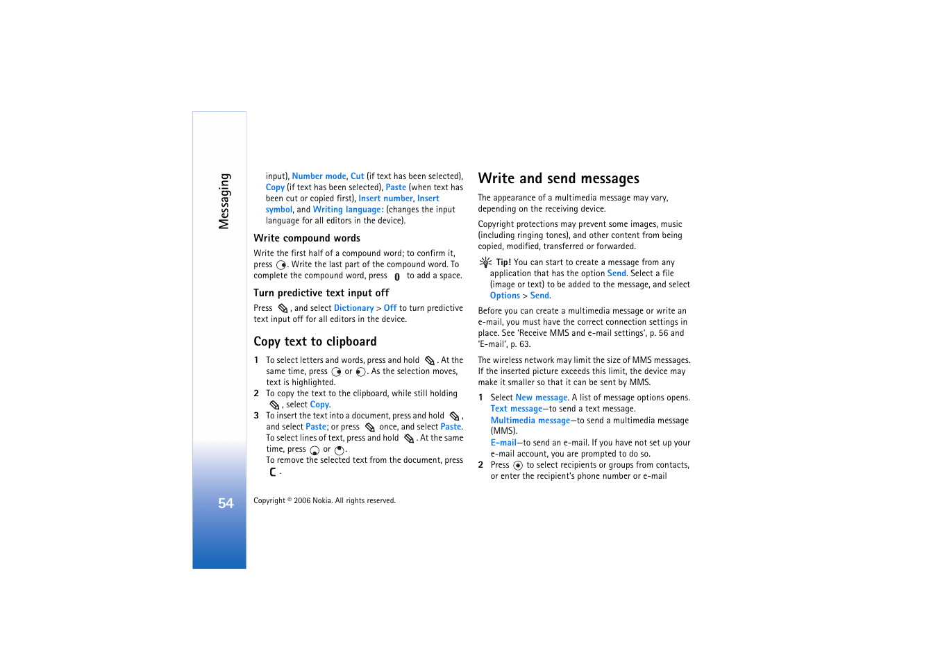 Copy text to clipboard, Write and send messages, Messaging | Nokia N72 User Manual | Page 55 / 121