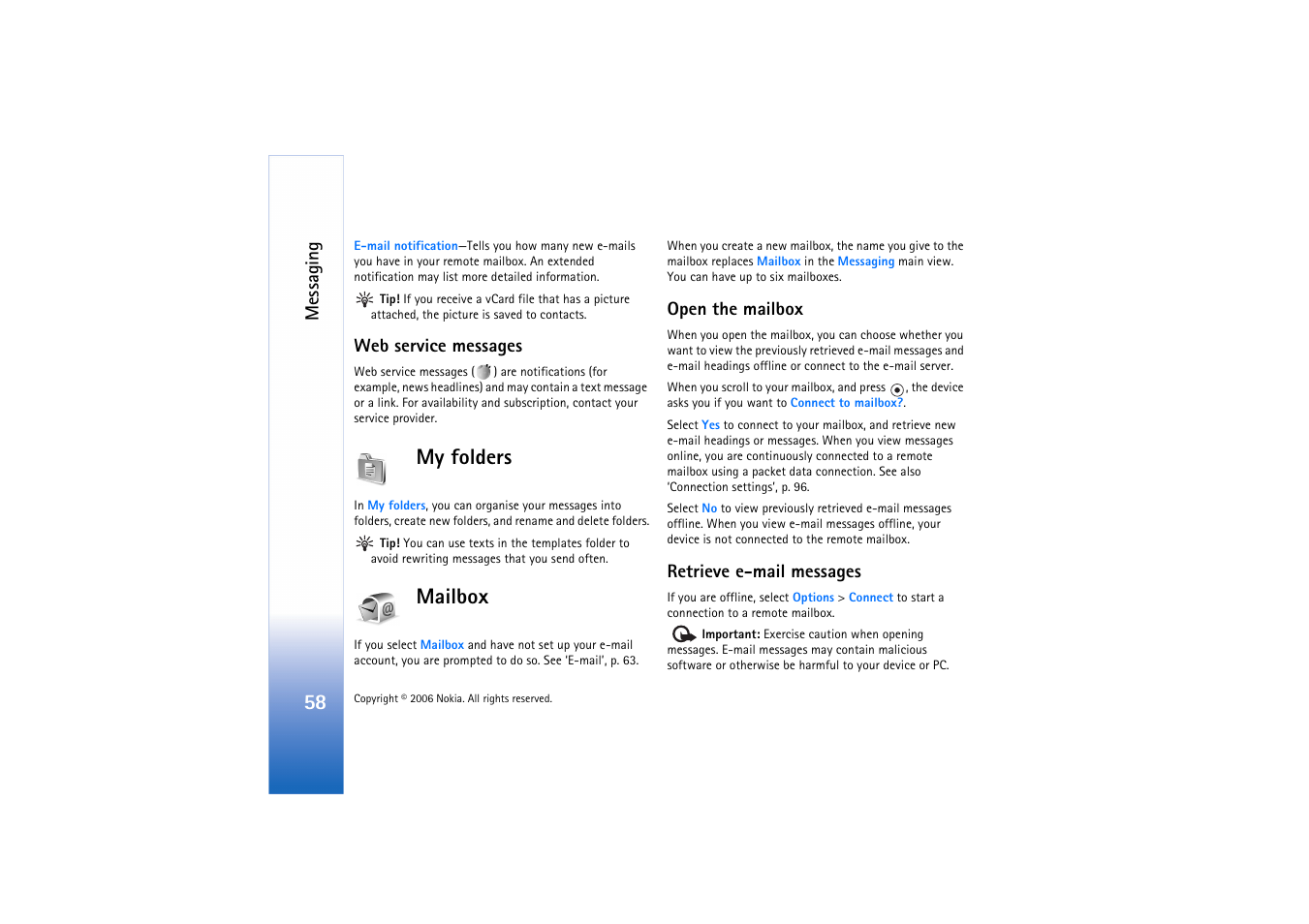 Web service messages, My folders, Mailbox | Open the mailbox, Retrieve e-mail messages, My folders mailbox, Open the mailbox retrieve e-mail messages | Nokia N72 User Manual | Page 59 / 121