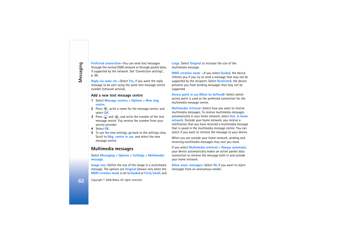 Multimedia messages, Multimedia, Messages’, p. 62 | Multimedia messages’, p, Messaging | Nokia N72 User Manual | Page 63 / 121