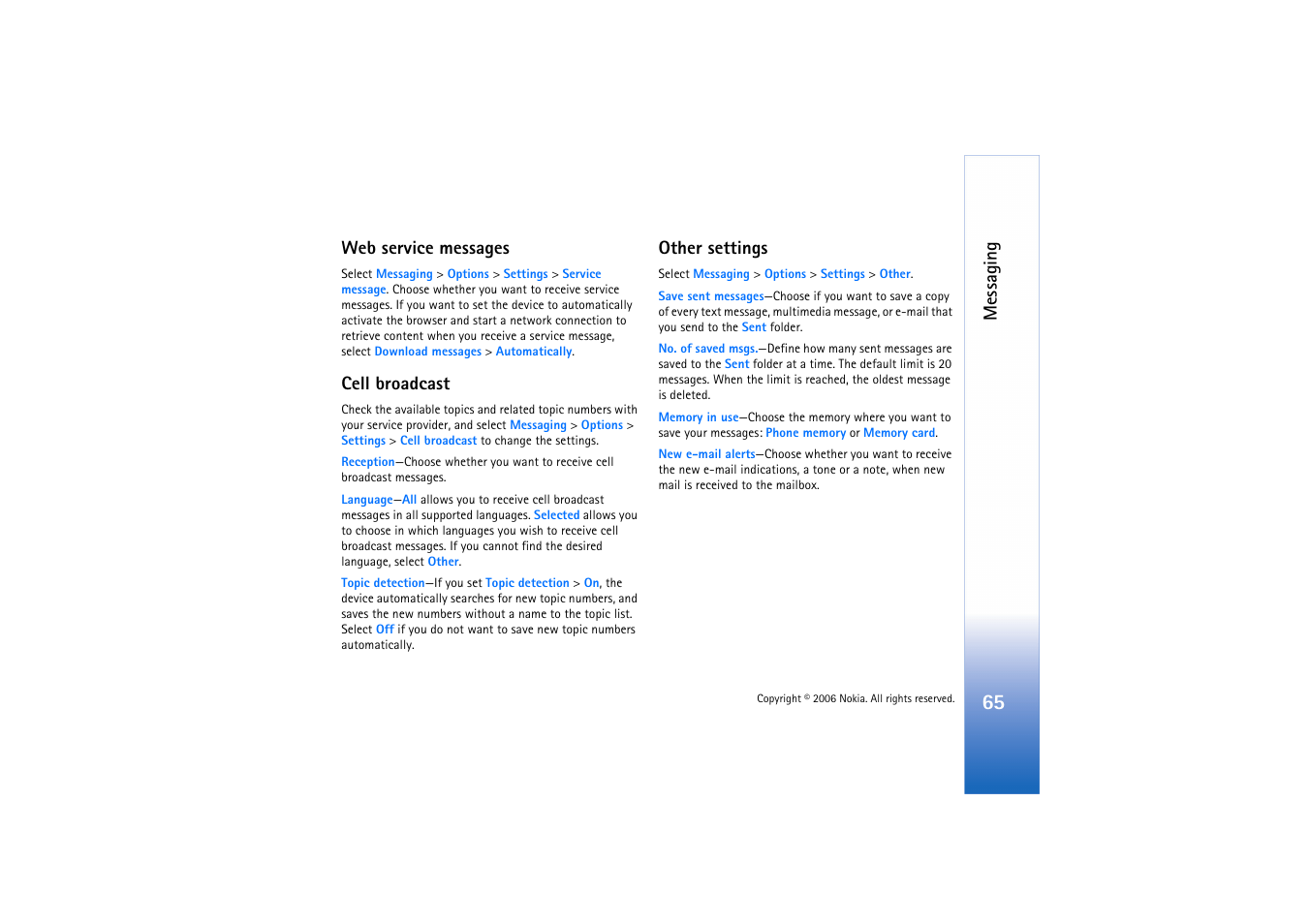 Web service messages, Cell broadcast, Other | Web service messages cell broadcast other settings, Messaging, Other settings | Nokia N72 User Manual | Page 66 / 121