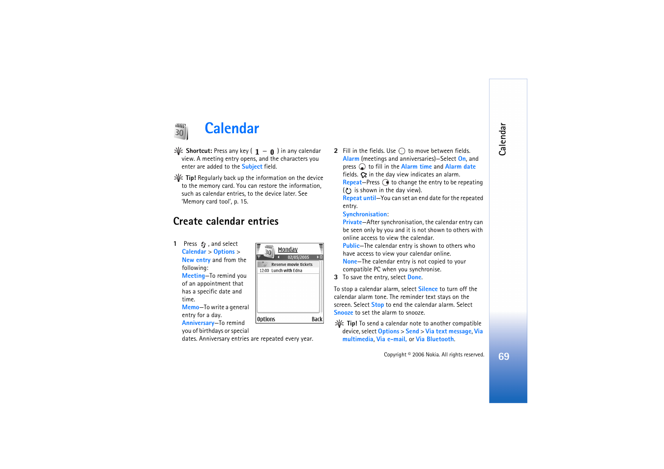 Calendar, Create calendar entries | Nokia N72 User Manual | Page 70 / 121