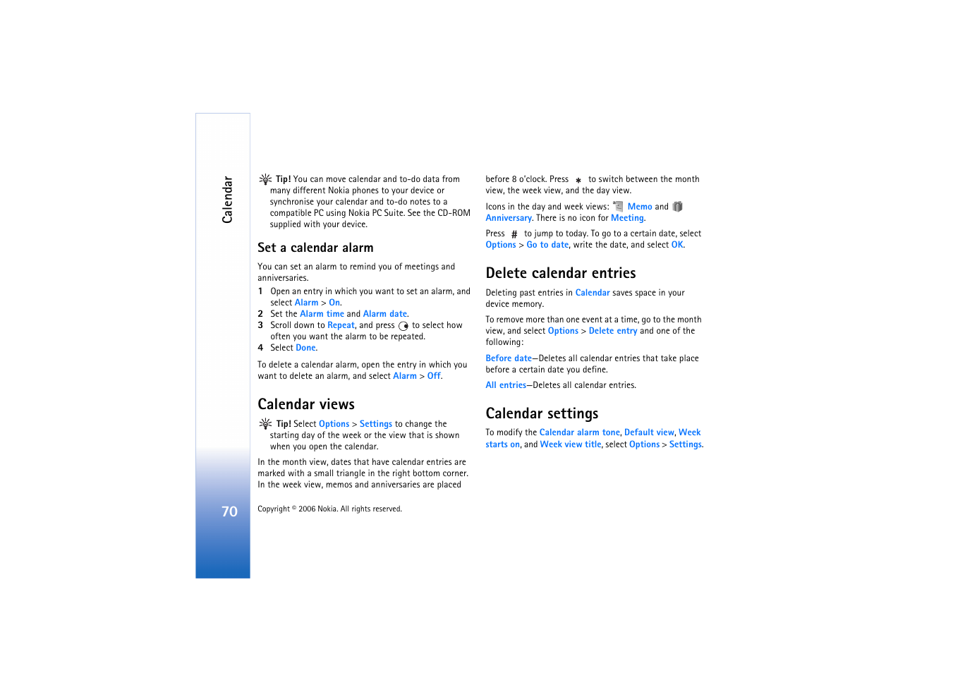 Set a calendar alarm, Calendar views, Delete calendar entries | Calendar settings, Calendar | Nokia N72 User Manual | Page 71 / 121