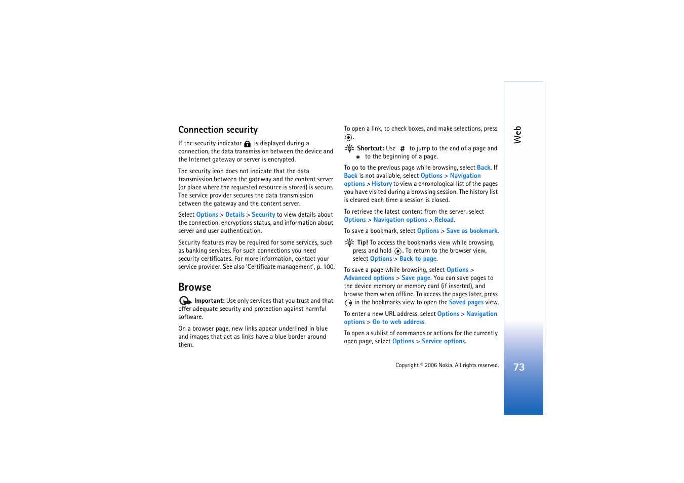 Connection security, Browse, Browse’, p. 73 | Nokia N72 User Manual | Page 74 / 121