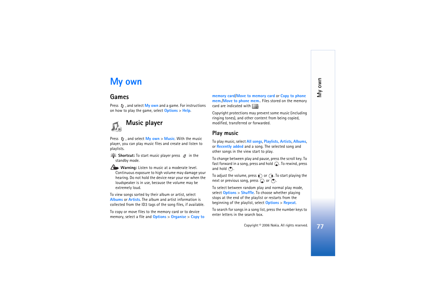 My own, Games, Music player | Play music, Games music player | Nokia N72 User Manual | Page 78 / 121